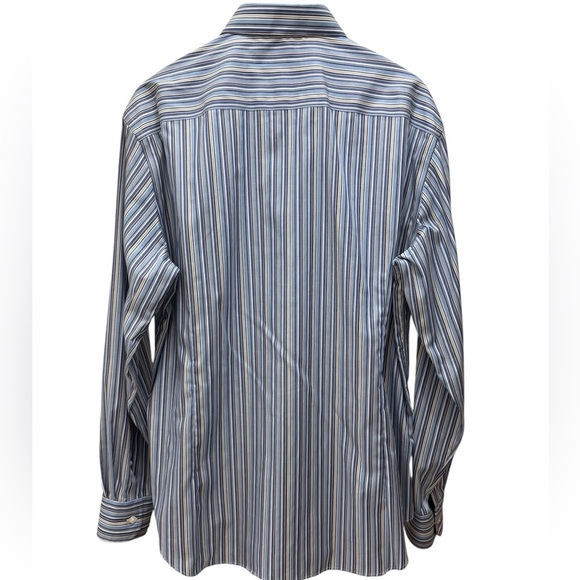 Egara Men’s Slim Fit Blue Tan White Striped Dress Shirt Floral Cuff/Neckline XL - Picture 6 of 10